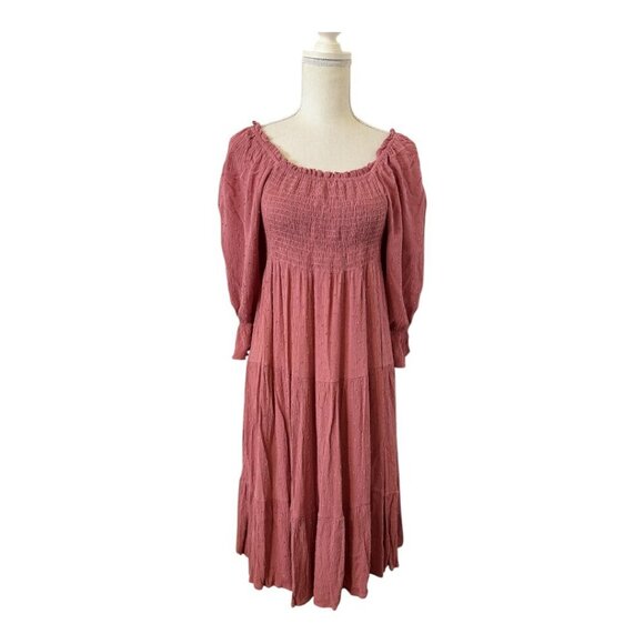 Lapis & Lillies Cottage Dress Women's Size Large Pink Midi Length Smocking JCD - Picture 1 of 9